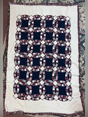 Double Ring Afghan Throw Blanket in Navy, White & Red 1990 Cottage Core